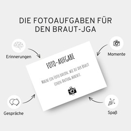 Photo Tasks JGA Bride - 60 Cards with 50 Creative Tasks + 10 Blank Cards, Sustainably Produced JGA Game, Modern Simple Design for Young and Old