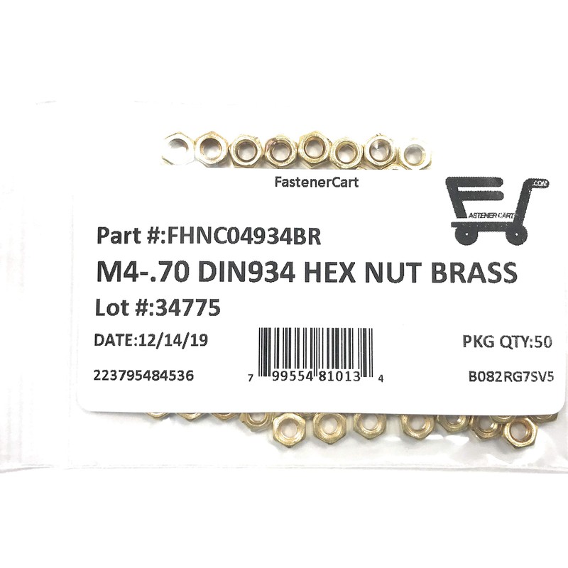 M4-0.7 Solid Brass DIN934 Metric Finished Hex Nut 4mmx0.7mm QTY:50