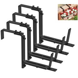 Y&M 4 Pcs Deck Railing Adjustable Planter Box Brackets (6 to 12.5 in), Universal Window Box Brackets, Heavy Duty Iron Flower Box Wall Mounting Hooks for Balcony, Fences, Patio, and Garden - Black