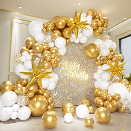 151Pcs White and Gold Balloons Garland Arch Kit with Explosion Star Foil Balloons for Wedding Engagements Birthday New Year Eve Bridal Shower Baby Shower Anniversary Graduation Decorations