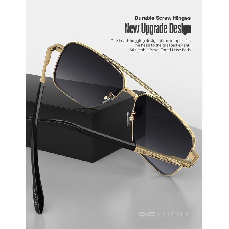 LUENX Polarized Square Aviator Sunglasses for Men, Trendy Retro Oversized