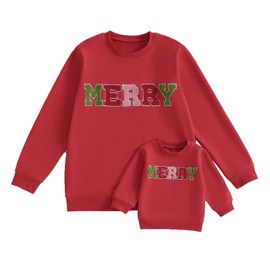 Karuedoo Mommy and Me Outfits Christmas Family Matching Outfits Merry Letter Embroidered Sweatshirt Long Sleeve Shirts Top (Baby, 2-3 Years, Red)