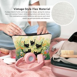 LIANGW Cute Black Cat Flowers Makeup Bag, Kitty Cosmetic Zipper Travel Toiletry Bag for Traveling Women, Cute Black Cat Gifts for Women & Teen Girls, Cats Gifts Lovers
