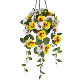 Briful Artificial Hanging Basket Outdoor Yellow&White Pansy Fake Flowers Realistic Silk Fall Bloom Faux Flowers Coconut Basket for Home Decor Indoor Farmhouse Balcony Patio Garden