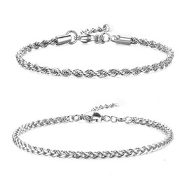 Hilufiet 2 Pcs Chain Bracelet 925 Sterling Silver Bracelet for Men 7-9inch Figaro Rope Cuban Link Bracelet Set for Men Husband-C