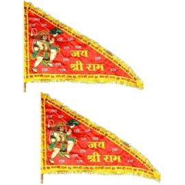 Jai Shri Ram Hanuman Ji Religious Triangle Cloth Flag for Temple, Car, Home, Office Decor, Pack of 2