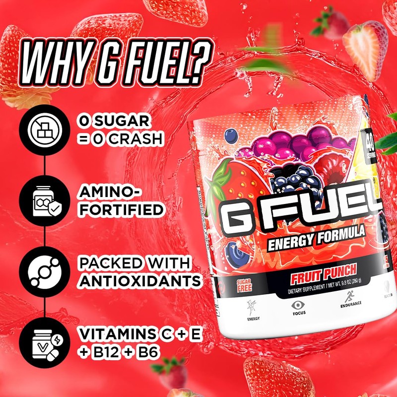 G Fuel Fruit Punch Energy Drink Powder, Pre Workout Caffeine