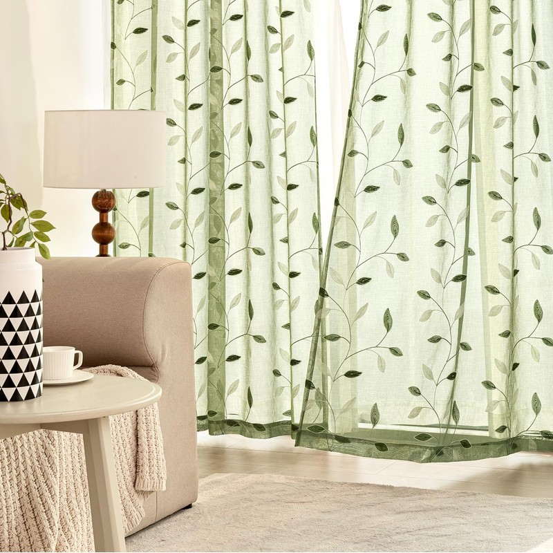 MIULEE Sage Green Sheer Curtains 2 Panels Embroidered Leaf Patterned