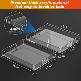 2 Pack Serving Tray with Handles, Clear Acrylic Tray for Serving Food, Large Outdoor Food Trays for Eating, Lucite Acrylic Trays for Serving Appetizer, Pizza, Fruit, Acrylic Decorative Tray Clear Tray