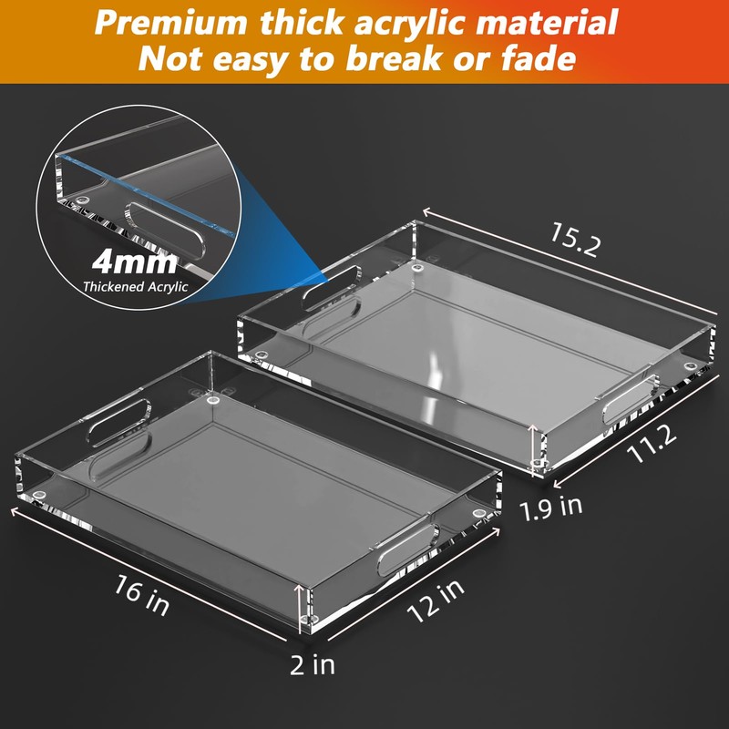 2 Pack Serving Tray with Handles, Clear Acrylic Tray for