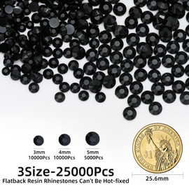 Duflash 25000Pcs Black Resin Flatback Rhinestone, 3mm 4mm 5mm Jelly Resin Non Hotfix Rhinestones for Crafts DIY Design, Tumblers, Clothes, Makeup, Nail Art