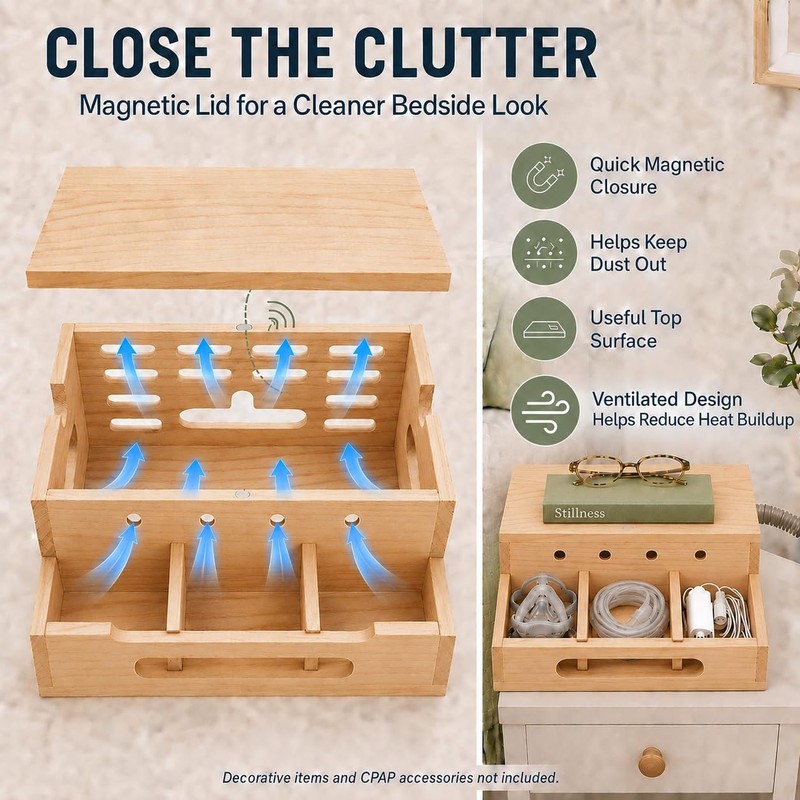 Wooden CPAP Organizer for Nightstand, Compatible with ResMed AirSense 10