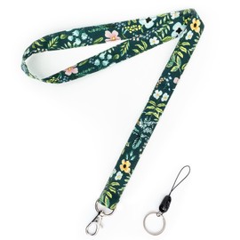 Jarolydian Flower Lanyards for ID Badges and Keys, Boho Floral Print Cotton Fabric Teacher Lanyards for Women, 36 Inches Long (Green)