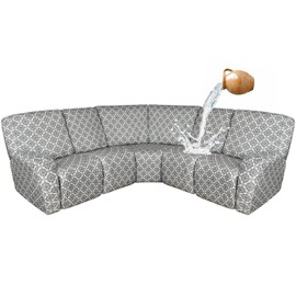 ALIECOM 100% Waterproof Sectional Recliner Couch Covers L Shape Printed Stretch Corner Reclining Sectional Sofa Cover Washable Pet Dog Recliner Slipcovers (Floral Gray & Ivory, 5 Seat)