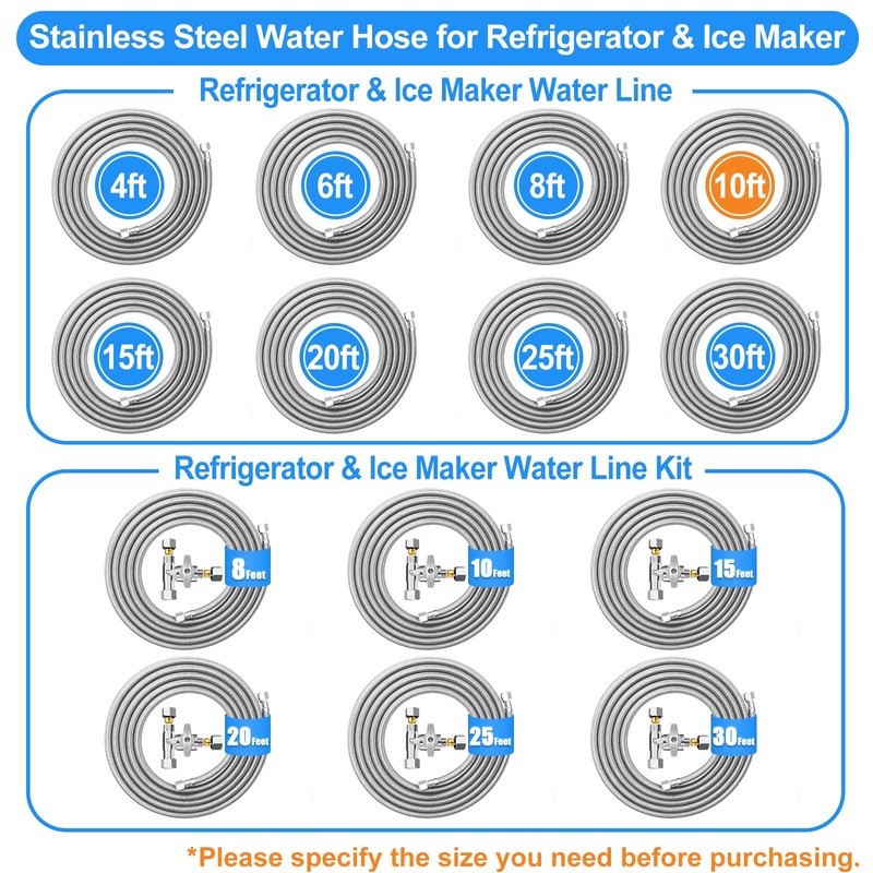 Refrigerator water line - 10 FT Premium Stainless Steel Braided