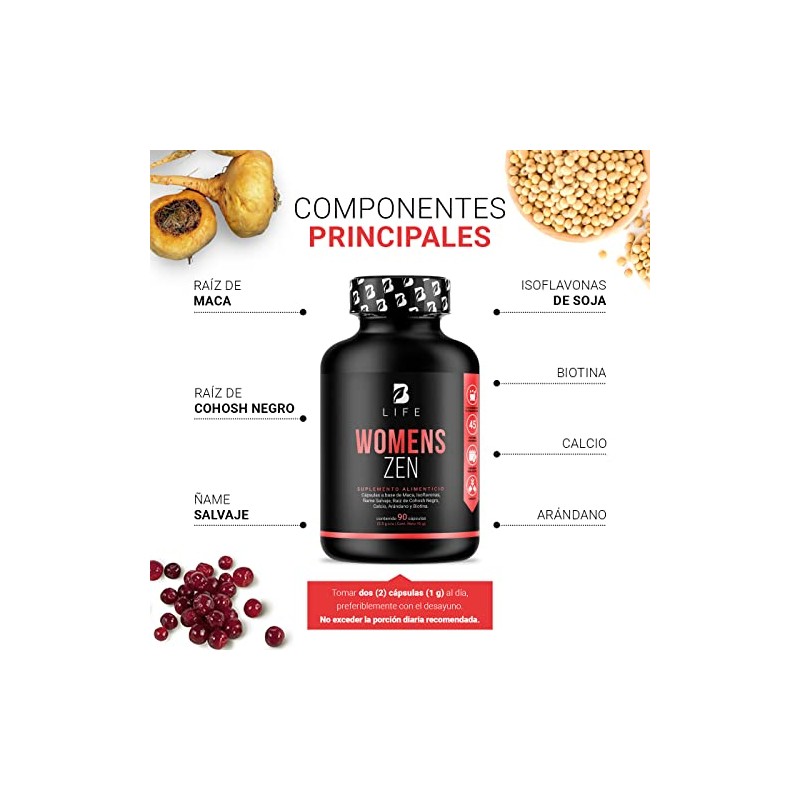 Womens Zen Cápsulas Ingredientes Naturales Maca Isoflavonas Ñame Salvaje Arándano