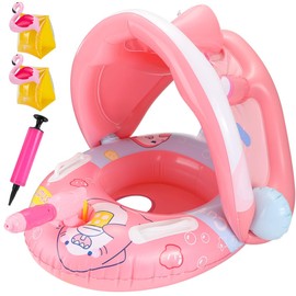 Nasjac Flotador de Piscina Inflables, 4 en 1 Anillo de Natación Y Bandas del Brazo Inflables, Flotador Salvavidas, UPF50+ Toldo Solar, Bomba Manual, Juguete para Playa, Juguete para Piscina Verano