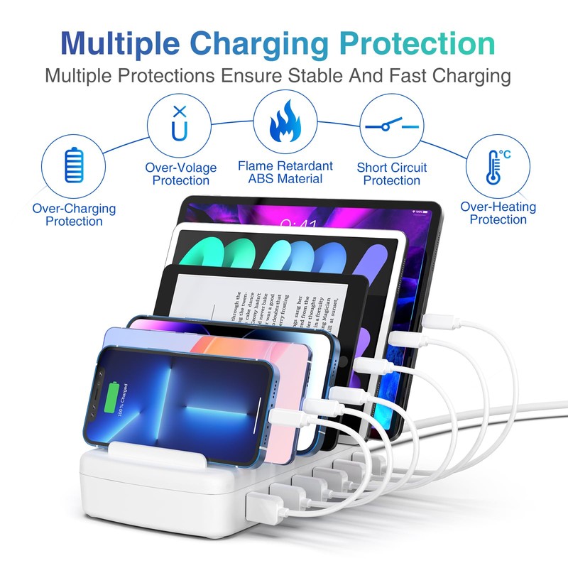 Fast Charging Station for Multiple Devices, 50W 6-Port USB Charging