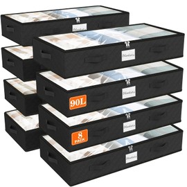 SpaceWhisper 90L Under Bed Storage Containers, 8-Pack Storage Bins with Clear Top, Foldable Closet Organizers and Storage with Label Holder for Clothing, Blankets, Comforter & Pillows(Black)