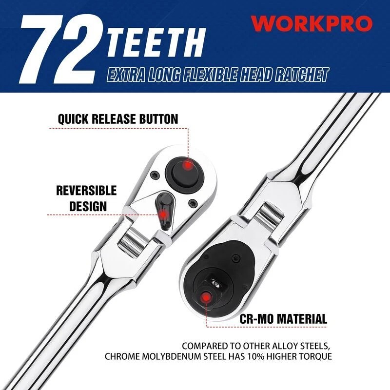 WORKPRO 1/2 inch Drive Extra Long Flex Head Ratchet 72-Tooth