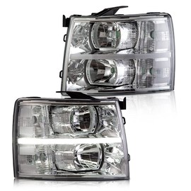 CNNELL LED DRL Headlight Assembly Compatible with 2007-2013 Chevy Silverado Headlights Bumper Lamp Set Replacement (LED Clause Type Clear lens Chrome Housing Clear Reflector) Left+Right