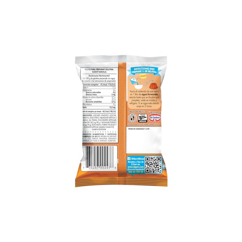 DGari Polvo para preparar gelatina con agua sabor naranja