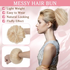 Benehair Messy Bun Scrunchie Real Hair Human #60 Platinum Blonde Straight Hair Bun Scrunchy Piece Ponytail Extension Elastic Band Scrunchies Donut 25g
