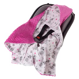 Medi Partners Swaddling Blanket 100% Cotton 85x85cm Double-Sided Multifunctional Plush Blanket With a hood for Pushchairs Soft Fluffy (Teddybär with dark pink Plush)