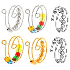BCHKO 6 Pieces Adjustable Anti-Stress Ring Set, Anxiety Relief, Colourful Pearl Spinner Rings, Open Spinner for Women, Stress Rings for Girls and Women