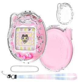 Tamagotchi Connection Case, 3D Ribbon Pattern Clear PC Protective Case, Accessory with Chain & Neck Strap, Omnidirectional Shock Absorption Cover, Separate Screen Protector Not Required, Clear