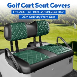 NOKINS 4PCS Golf Cart Diamond Seat Covers Kit, Front&Rear Seat Covers Fits EZGO TXT 1994-2013/EZGO RXV Standard Seat Cushion, EZGO Vinyl Seat Cover Accessories, No Staples (Dark Green&Black)