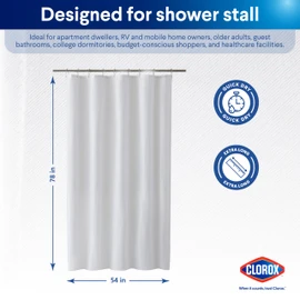 CLOROX 2-in-1 Bathroom Shower Curtain Liner, Durable Fabric, Weighted Magnets for Bath Water Control, Washable Premium Quality, Modern - 54" x 78" White