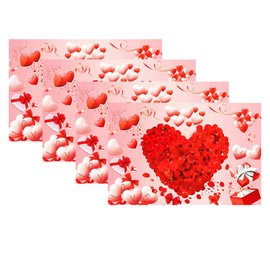 4PCS Red Love Heart Valentine Placemats,Rose Petals Ballons Place Mats, Washable Linen Dining Table Place Mats, Valentine Anniversary Wedding Table Mats for Home Party Kitchen Dining Table Decoration