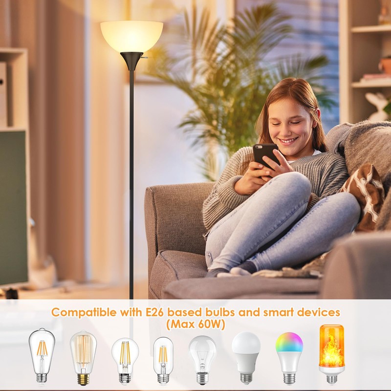 Coucrek Floor Lamp, LED Standing Lamps with White Plastic Shade,