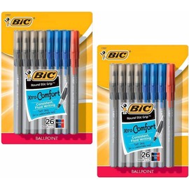 52 x Bic Round Stic Grip Ballpoint Pens, 1.2mm Medium Point Nib, Xtra-Comfort Soft Grip - Assorted Ink Colours (Black, Blue, Red)