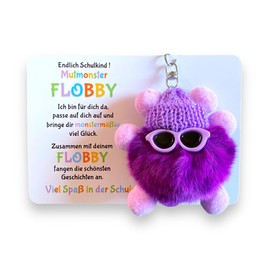 Endlich Schulkind! Mut-Monster FLOBBY, Geschenk Einschulung, Glücksbringer, Mutmacher, Schultüte, Lernhelfer, Anhänger Mäppchen oder Ranzen (Lila)