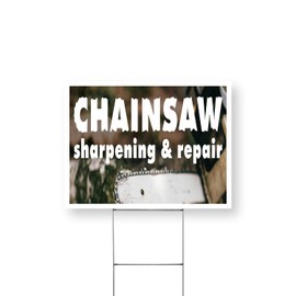 Chainsaw Sharpening and Repair Yard Sign 18 Inch x 24 Inch Double Sided Weatherproof Heavy-Duty Plastic with Stake | Professional Tool Maintenance, Equipment Services | Made in USA