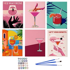 9 PCS Retro Cocktail Paint by Numbers Kit for Adults, Cocktail Paint by Numbers with 6 Canvases and 3 Brushes, 15x20cm Cocktail Paint by Numbers Kit for Home Decor, Stress Relief and Gift Giving
