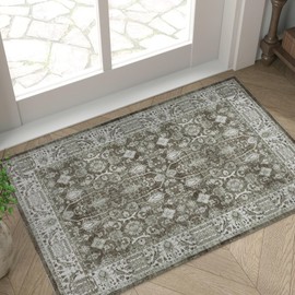 jinchan Area Rug 2x3 Entryway Washable Indoor Doormat Distressed Vintage Boho Carpet Accent Small Mat Floral Classic Non Slip Kitchen Rug Soft Retro Carpet for Bedroom Bathroom Decor Brown