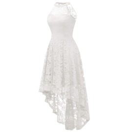 Dressystar Women's Halter Floral Lace Cocktail Dress Hi-Lo Bridesmaid Party Dress with Sheer Neckline 2028 White XS
