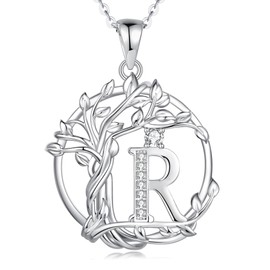 FANCIME Tree of Life Letter Chain Women's 925 Sterling Silver A-Z Alphabet Initials Pendant Necklace Jewellery Gifts for Women Girls Chain Length: 40 + 5 cm, Sterling Silver, Cubic Zirconia