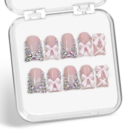 Luxury Rhinestone Press on Nails Short Duck Handmade 3D Bow Fake Nails Designs Rhinestone French Tip False Nail with Designs Thick Stick on Nail Full Cover Acrylic Nails for Women (S)