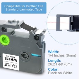 Absonic 3-Pack 6mm 0.23" Laminated White Label Tape Compatible for Brother Tze-211 Tze211 Tz-211 Tz211 P Touch Label Tape Tze Tz 6mm 1/4" Black on White for PT-H110 D220 D210 D200 D400 Label Maker