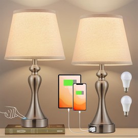 Bedroom Lamps Set of 2 - Bedside Lamps with USB A+C Ports, 3 Way Dimmable Table Lamps for Night Stands, Touch Lamps for Nightstand with Nickel Base for Bed Side Table Living Room(Oat&Nickel)