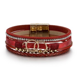 LSxAB Multi-Layer Red Leather Wrap Bracelet for Women Gold Tone Colorful Bohemian Braided Wristbands Bracelets