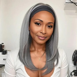 soul lady Silver Gray Straight Hair Headband Wig Real Human Hair Glueless Wigs For Women Silver Gray Wear and Go Headband Wig Non Lace Headband Wig Human Hair with Bangs Grey Wigs 12 Inch