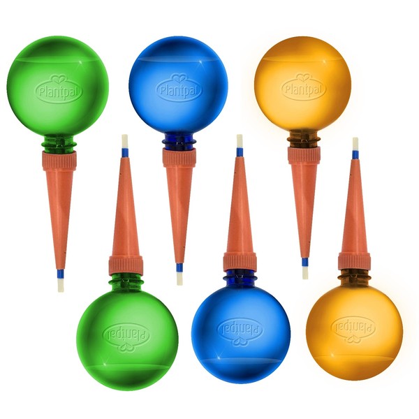 Plantpal Pack of 6 Watering Globes (2 Green 2 Blue 2 Orange). Automatic Plant Watering Bulbs - Self Watering System - Holiday Plant Watering - Spikes & Feeders - Drip Irrigation Devices.