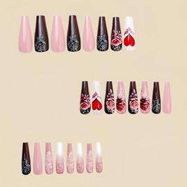 24Pcs Valentine's Day Press on Naila Ballet Shaped Rose Flower Love Heat Design French Tip Nails Press Ons Full Cover Coffin Nails Valentine's Acrylic Nails Artificial Long Stick on Nails for Women