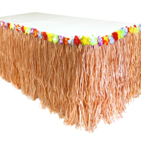 GiftExpress 9 feet X29 Luau Grass Table Skirt, Hawaiian Luau Libiscus Table Skirt for Hawaiian Party, Luau Party Supplies, Luau Party Decorations, Moana Birthday Party (Natural Hay Grass)
