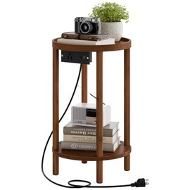 HOOBRO Small Round Side Table with Charging Station, 2-Tier Round Bamboo End Table, Compact Sofa Bedside Table for Small Space, Easy Assembly, for Living Room, Bedroom, Apartment, Mocha MA156UBZ01